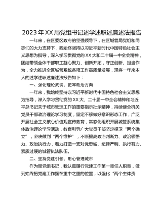 2023年XX局党组书记述学述职述廉述法报告