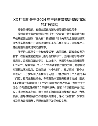 XX厅党组关于2024年主题教育整治整改情况的汇报提纲