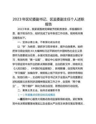 2023年区纪委副书记、区监委副主任个人述职报告