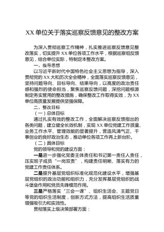 XX单位关于落实巡察反馈意见的整改方案