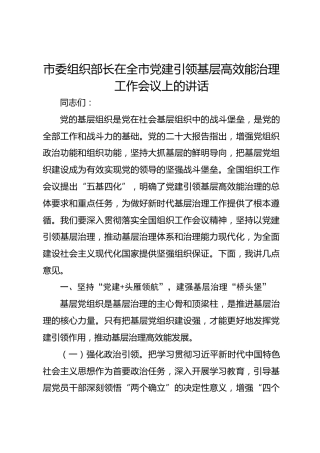 市委组织部长在全市党建引领基层高效能治理工作会议上的讲话