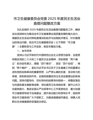 市卫生健康委员会党委2025年度民主生活会查摆问题整改方案