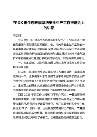在XX市生态环境系统安全生产工作推进会上的讲话