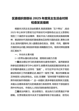区委组织部部长2025年度民主生活会对照检查发言提纲