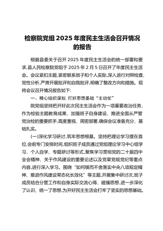 检察院党组2025年度民主生活会召开情况的报告