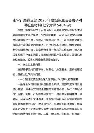 市审计局党支部2025年度组织生活会班子对照检查材料(七个对照  5484字)