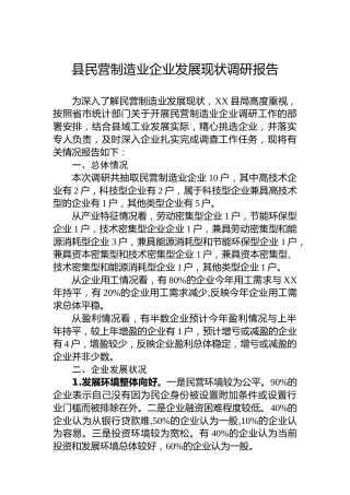 县民营制造业企业发展现状调研报告