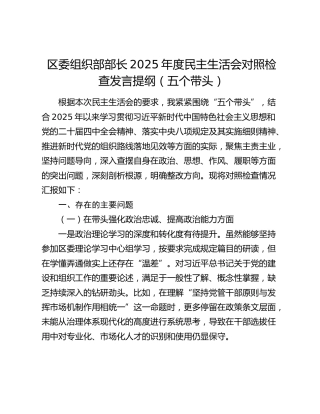区委组织部部长2025年度民主生活会对照检查发言提纲（五个带头）
