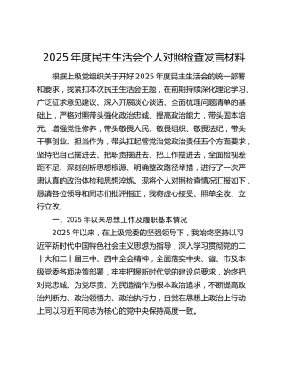 2025年度民主生活会个人对照检查发言材料