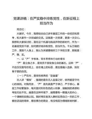 党课讲稿：在严实稳中淬炼党性，在新征程上担当作为