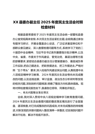 XX县委办副主任2025年度民主生活会对照检查材料（中央八项规定精神学习教育+上年度查摆问题整改情况+五个带头+典型案例剖析）