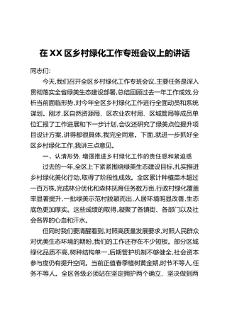 在XX区乡村绿化工作专班会议上的讲话