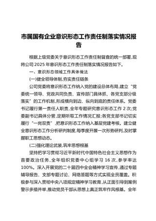 市属国有企业意识形态工作责任制落实情况报告