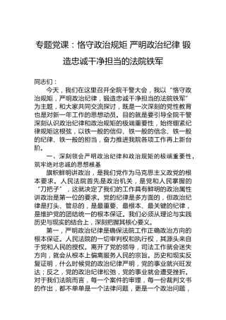 专题党课：恪守政治规矩严明政治纪律锻造忠诚干净担当的法院铁军