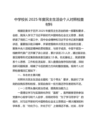 中学校长2025年度民主生活会个人对照检查材料（五个带头）
