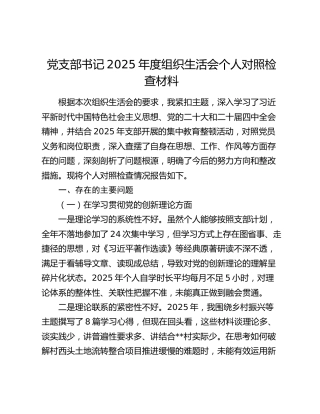 党支部书记2025年度组织生活会个人对照检查材料（六个方面）