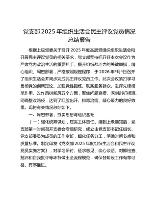 党支部2025年组织生活会民主评议党员情况总结报告
