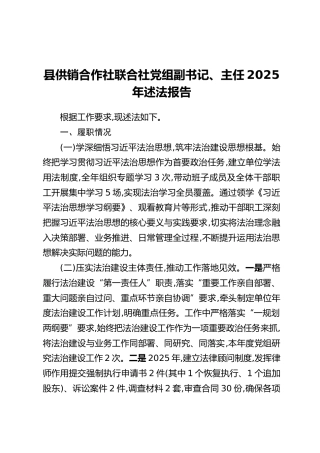 县供销合作社联合社党组副书记、主任2025年述法报告