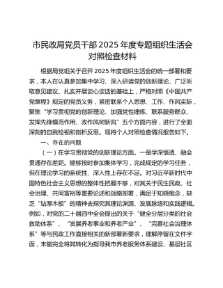 市民政局党员干部2025年度专题组织生活会对照检查材料