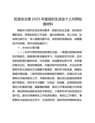 区政协主席2025年度组织生活会个人对照检查材料
