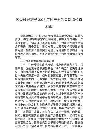 区委领导班子2025年民主生活会对照检查材料