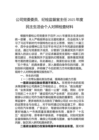 公司党委委员、纪检监督室主任2025年度民主生活会个人对照检查材料
