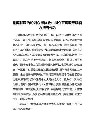 副庭长政治轮训心得体会：树立正确政绩观奋力担当作为
