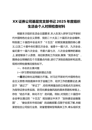 XX证券公司基层党支部书记2025年度组织生活会个人对照检查材料