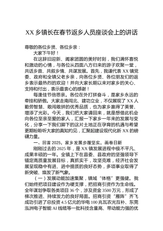 XX乡镇长在春节返乡人员座谈会上的讲话