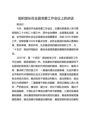 组织部长在全县党委工作会议上的讲话