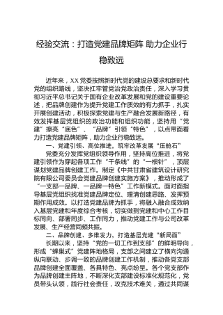 经验交流：打造党建品牌矩阵助力企业行稳致远