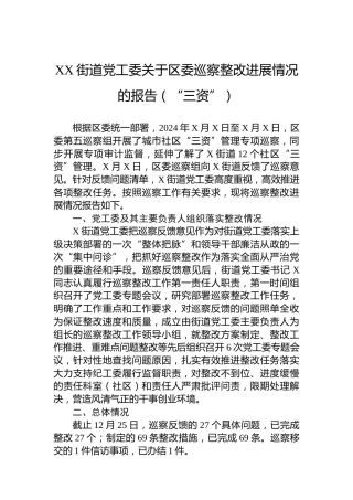XX街道党工委关于区委巡察整改进展情况的报告（“三资”）