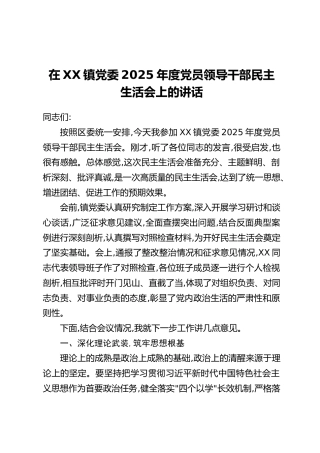 在XX镇党委2025年度党员领导干部民主生活会上的讲话