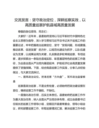 交流发言：坚守政治定位  深耕巡察实效  以高质量巡察护航县域高质量发展