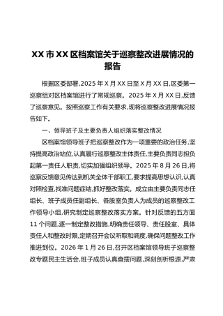 XX市XX区档案馆关于巡察整改进展情况的报告
