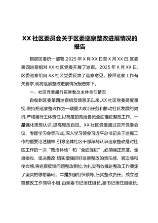 XX社区委员会关于区委巡察整改进展情况的报告