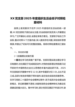 XX党支部2025年度组织生活会班子对照检查材料（3）