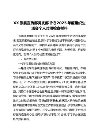 XX旗委宣传部党支部书记2025年度组织生活会个人对照检查材料