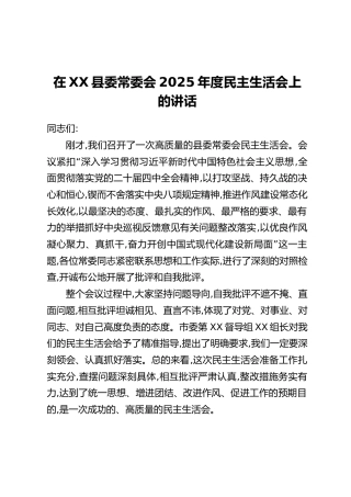 在XX县委常委会2025年度民主生活会上的讲话