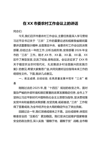 在XX市委农村工作会议上的讲话（4）