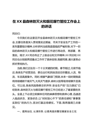 在XX县森林防灭火和烟花爆竹管控工作会上的讲话