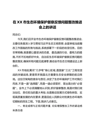 在XX市生态环境保护督察反馈问题整改推进会上的讲话