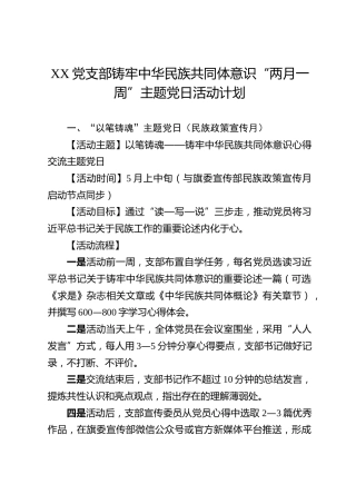 XX党支部铸牢中华民族共同体意识“两月一周”主题党日活动计划