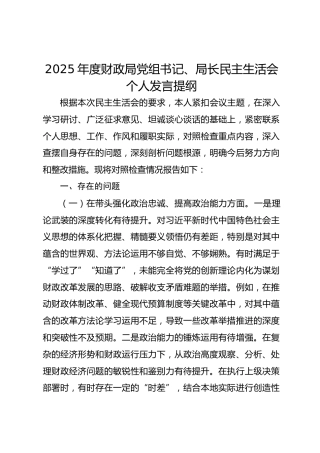 2025年度财政局党组书记、局长民主生活会个人发言提纲