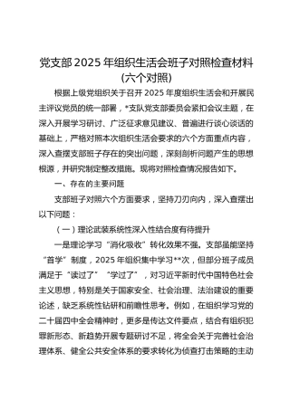 2025年党支部组织生活会班子对照检查材料(六个对照)