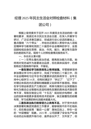 经理2025年民主生活会对照检查材料（集团公司）
