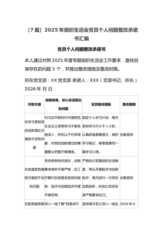 08-2 清单-个人 2025年组织生活会党员个人问题整改承诺书汇编（7篇）含问题整改措施