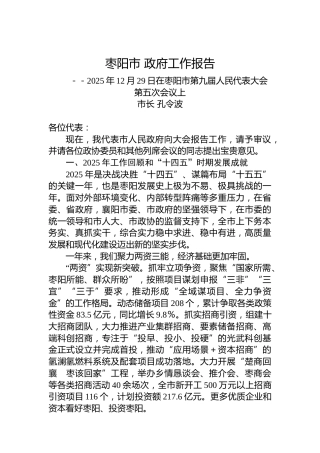 枣阳市政府工作报告