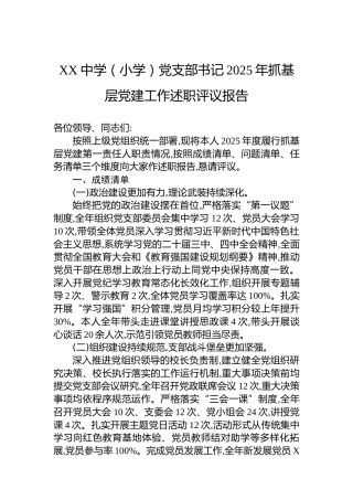 XX中学（小学）党支部书记2025年抓基层党建工作述职评议报告