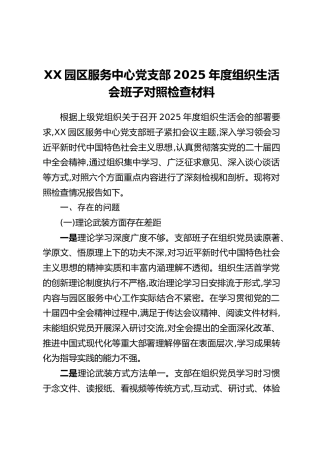 XX园区服务中心党支部2025年度组织生活会班子对照检查材料
